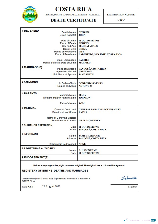 Download Costa Rica vital record death certificate Word and PDF template Photoshop template